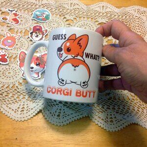 Corgi Alert! Humorous coffee cup and stickers, guess what? Corgi Butt